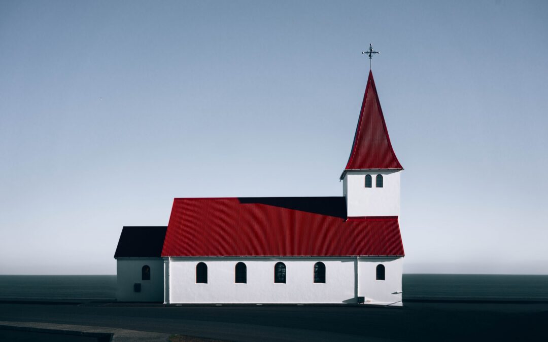Red-roofed white church illustration