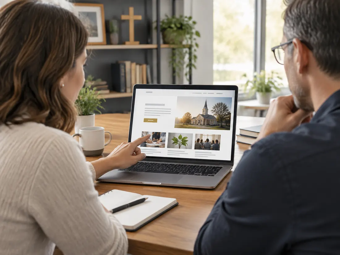 A client and web specialist reviewing a website on a laptop